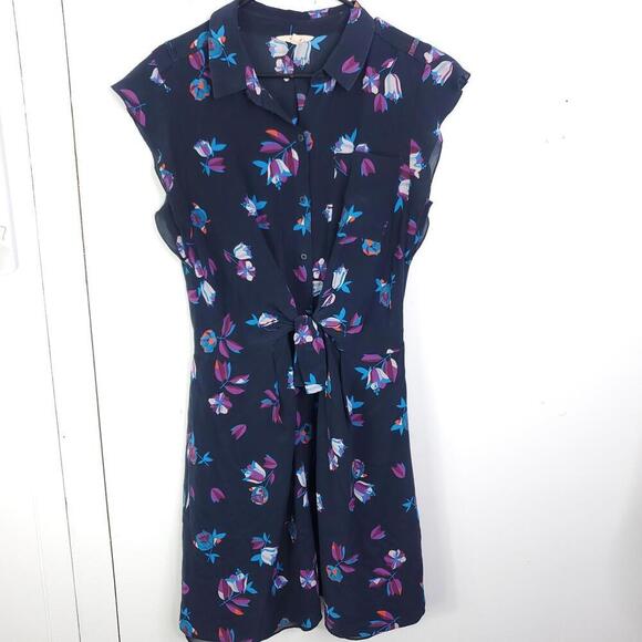 Rebecca Taylor Dress WOmens 12 Silk Colorful Florals Button Down Tie Waist - Picture 1 of 12